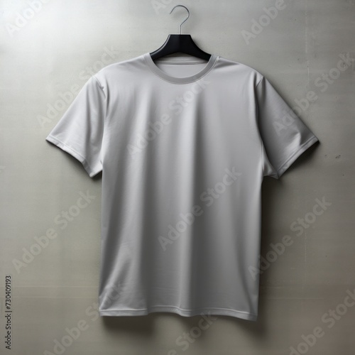 Silver t shirt is seen against a gray wall