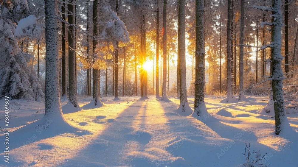 Tall trees pierce a blanket of snow as dawn arrives
