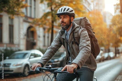 A Man Riding a Bike Down a Street