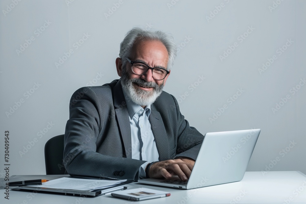 an image that abstractly depicts a mature business man, radiating satisfaction and professionalism while working at his desk on a laptop. businessman with laptop an image that abstractly depicts a mature business man, radiating satisfaction and professionalism while working at his desk on a laptop. businessman with laptop