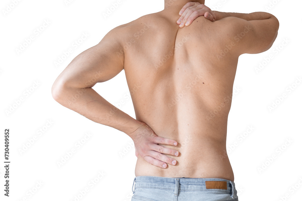 Rear view of a shirtless young man holding his neck in pain isolated on white background, man giving himself a massage on his neck, shirtless man touching his neck, stress, neck pain, upper back pain