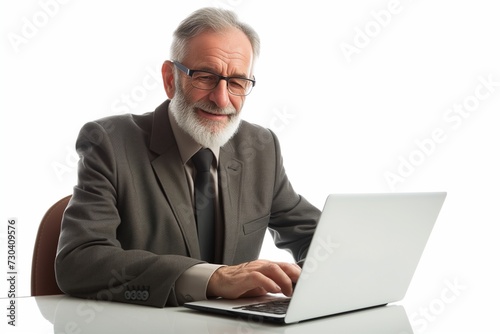 an image that abstractly depicts a mature business man, radiating satisfaction and professionalism while working at his desk on a laptop. businessman with laptop © MuhammadFahad