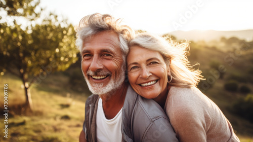 Happy mature couple having fun outdoors on sunny day. Woman on mans shoulders