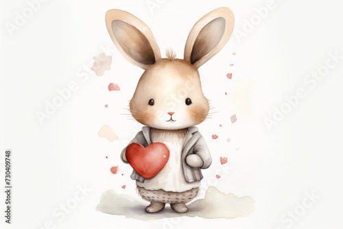 Warmly dressed bunny cradles a bright red heart amidst a snowy backdrop  evoking the warmth of love in winter s chill.