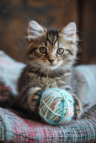 Close-up of an adorable ginger kitten with large eyes, playing with a blue ball of yarn on a textured blanket.. © netrun78