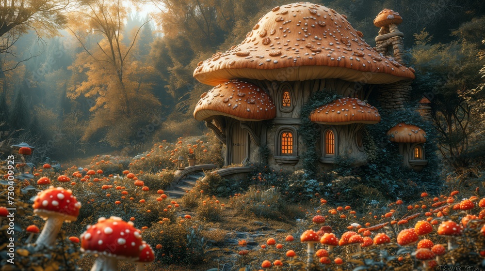 Cozy scenes from fairy tales, dreamy and colorful, mushroom house photography surrounded by flowers and mushrooms - obrazy, fototapety, plakaty 