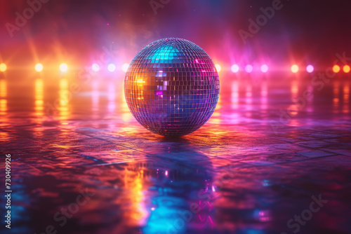 A snapshot of a disco ball reflecting colorful lights on a dance floor, capturing the vibrant energy of 70s dance clubs. Concept of disco nostalgia. Generative Ai.