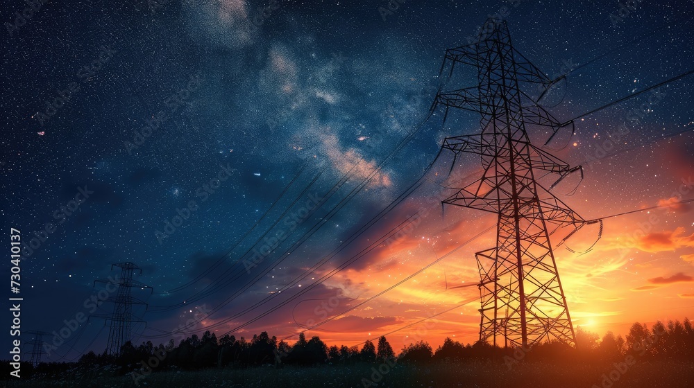 Electricity transmission towers with orange glowing wires the starry night sky. Energy infrastructure concept. - obrazy, fototapety, plakaty 