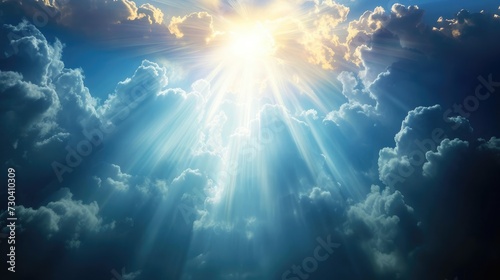 God light in heaven symbolizing divine presence, truth, spiritual illumination, God love and grace. Light beams blessing world