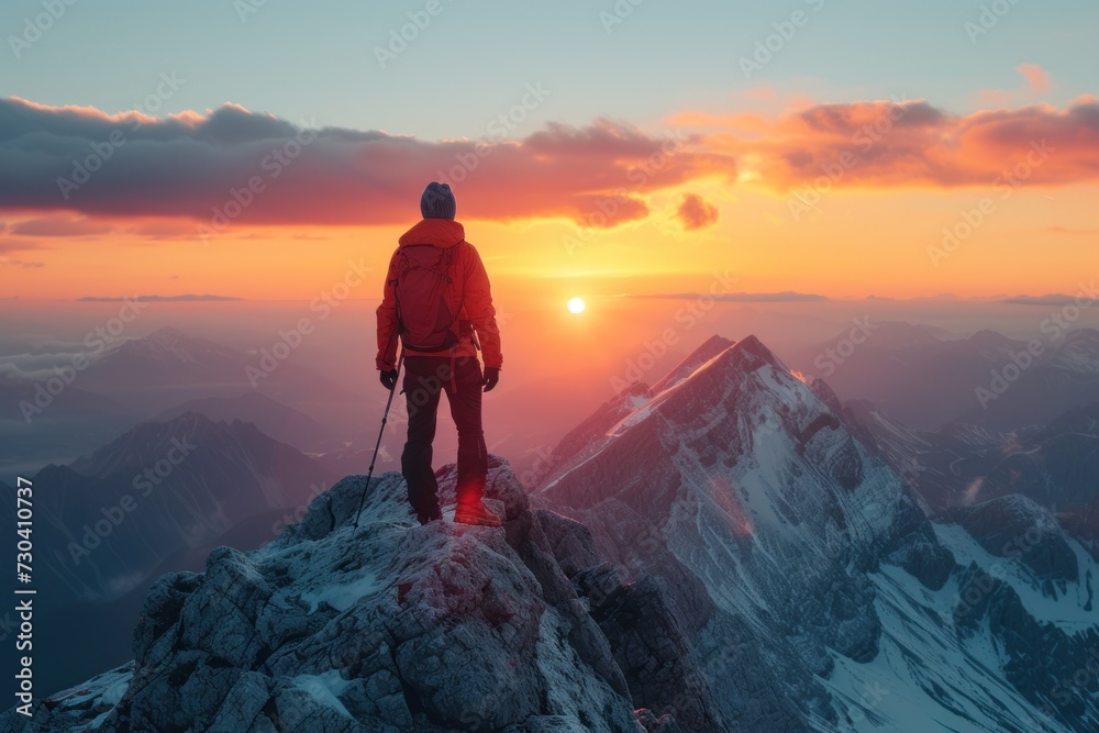 Fototapeta premium Man Standing on Top of Snow Covered Mountain