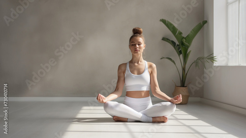 White Woman, meditation and spiritual in a home with mockup space and yoga for balance and mindfulness. Morning, wellness zen in house on floor relax calm breathing and peace in lotus position