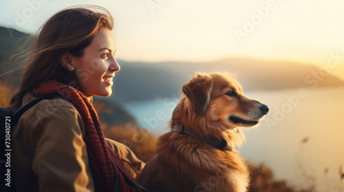 girl with toller dog in the mountains. Autumn mood. Traveling with a pet.