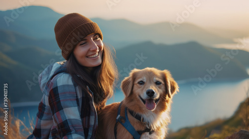 girl with toller dog in the mountains. Autumn mood. Traveling with a pet.