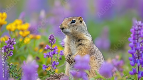 Round-tailed ground squirrel, Xerospermophilus tereticaudus, in a field of purple wildflowers photo