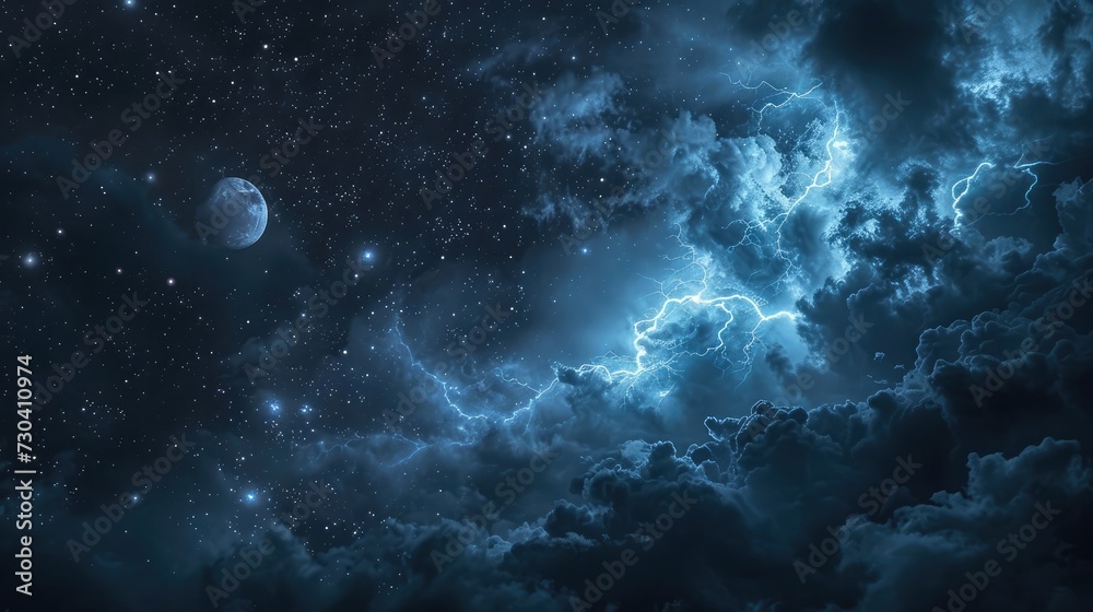Stormy night sky with lightning, stars, and moon.