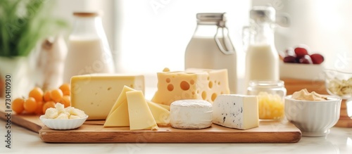 cheese types and milk on a bright white kitchen background photo