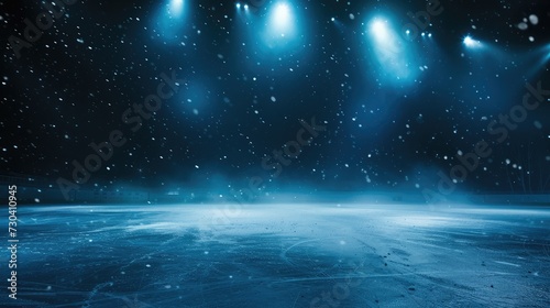 Snow and ice background. Empty ice rink illuminated by spotlights