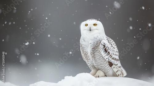 Snowy owl, Bubo scandiacus, perched in snow during snowfall. Arctic owl surrounded by snowflakes. Beautiful white polar bird