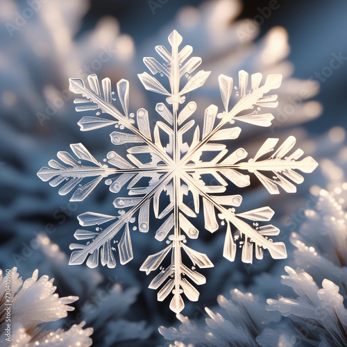 snowflake on the snow background, macrophotography of snowflake, snow texture, snow piece on blury winter background, snowflake in sun light photo