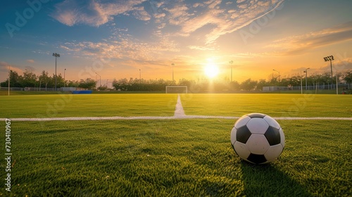 soccer field in the evening light - center, midfield with the soccer ball © buraratn