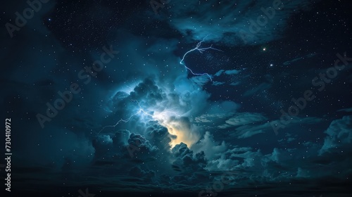 Stormy night sky with lightning, stars, and moon.