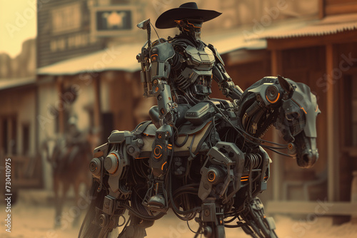 AI Robotic Sheriff or Bandit Rides Horse Through Old Western Town