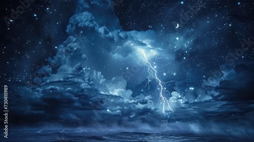 Stormy night sky with lightning, stars, and moon. © buraratn