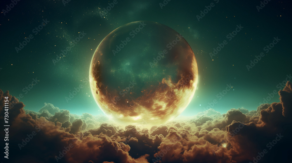 Dramatic scene with a planet or moon eclipse surrounded by cosmic clouds