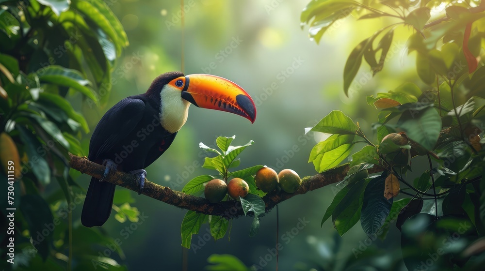 Naklejka premium Toucan sitting on the branch in the forest, green vegetation