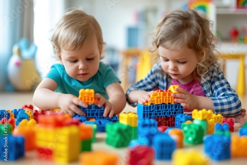 Two Young Children Playing With Colorful Plastic Blocks