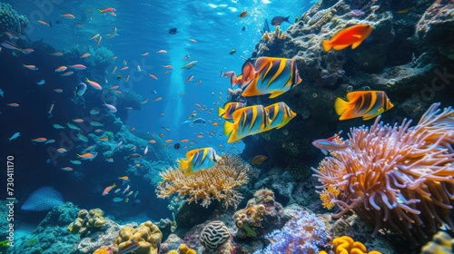 Tropical sea underwater fishes on coral reef. Aquarium oceanarium wildlife colorful marine panorama landscape nature snorkel diving