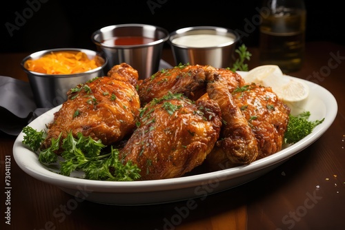 Fried chicken legs on a white plate, sauced just right. Golden crispy skin, tempting and tight. Dip in sauce, flavors unite. Plate perfection, a tasty sight. 