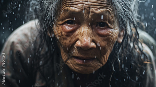 雨に濡れるアジア人高齢女性