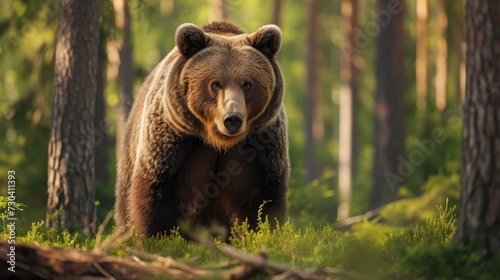 Wild Brown Bear in the summer forest. Animal in natural habitat. Wildlife scene