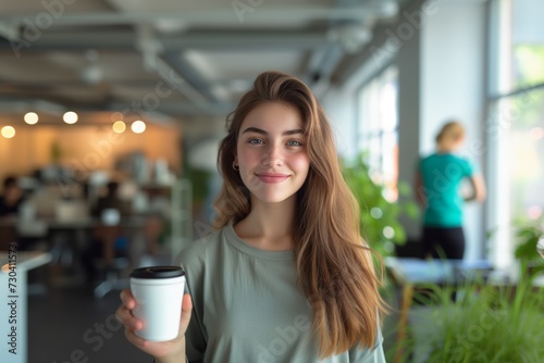 Casual Businesswoman with Coffee in Modern Office