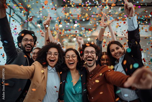 A jubilant and diverse team of employees celebrating a successful business achievement amidst a shower of confetti