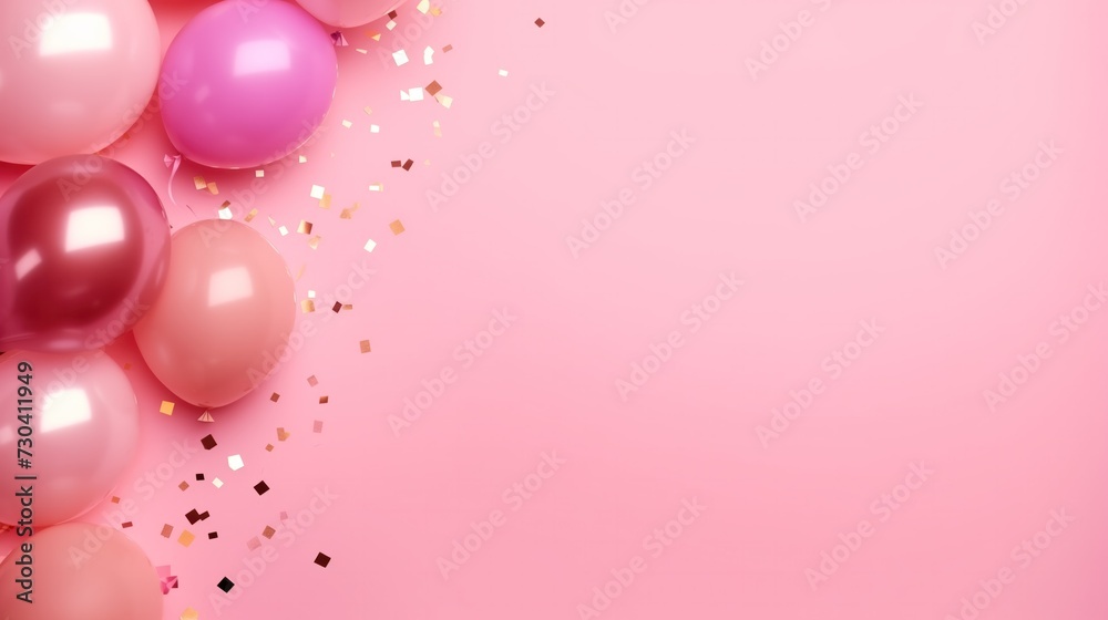 A delightful corner of pink and rose-colored balloons with sparkling gold confetti, creating a whimsical and celebratory atmosphere on a pastel pink backdrop. Copy-space.