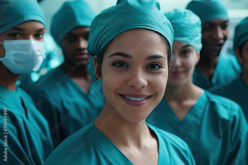 A young female doctor and nurse stands smiling in a hospital corridor, with a diverse group of staff visible in the background A young female doctor and nurse stands smiling in a hospital corridor, with a diverse group of staff visible in the background