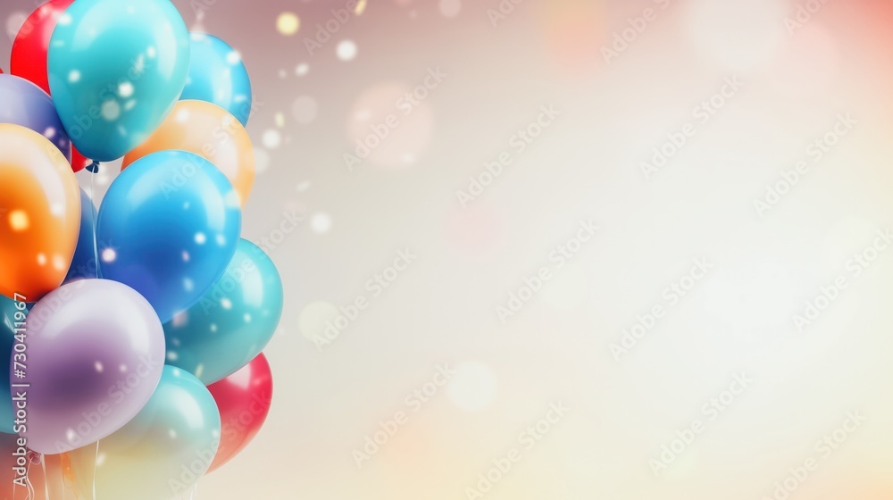A cheerful bunch of multicolored balloons in blue, purple, red, and orange tones, buoyantly adrift in a soft, warm glow, suggesting a joyful celebration. Place for custom text, copy-space.
