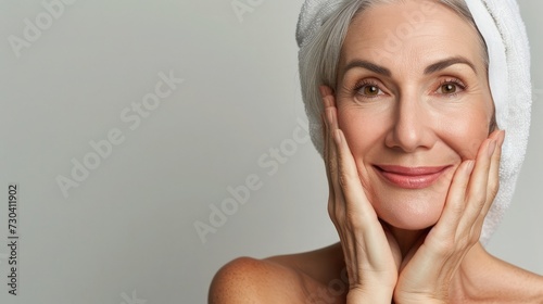 Anti-Aging Skincare. Beautiful Middle Aged Woman Touching Her Face And Smiling At Camera,