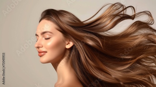Beautiful Hair swinging head from side to side  Young beautiful woman with long perfect healthy lovely shiny hair  happy with beauty products  hair shampoo or conditioner