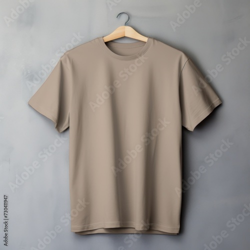 Tan t shirt is seen against a gray wall