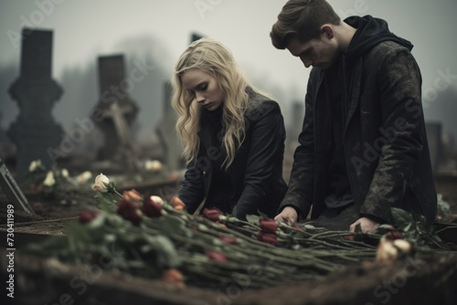 A young woman and man in a moment of silent grief and reflection, placing flowers on a grave in a misty cemetery, embodying the sorrow and remembrance of a funeral photo