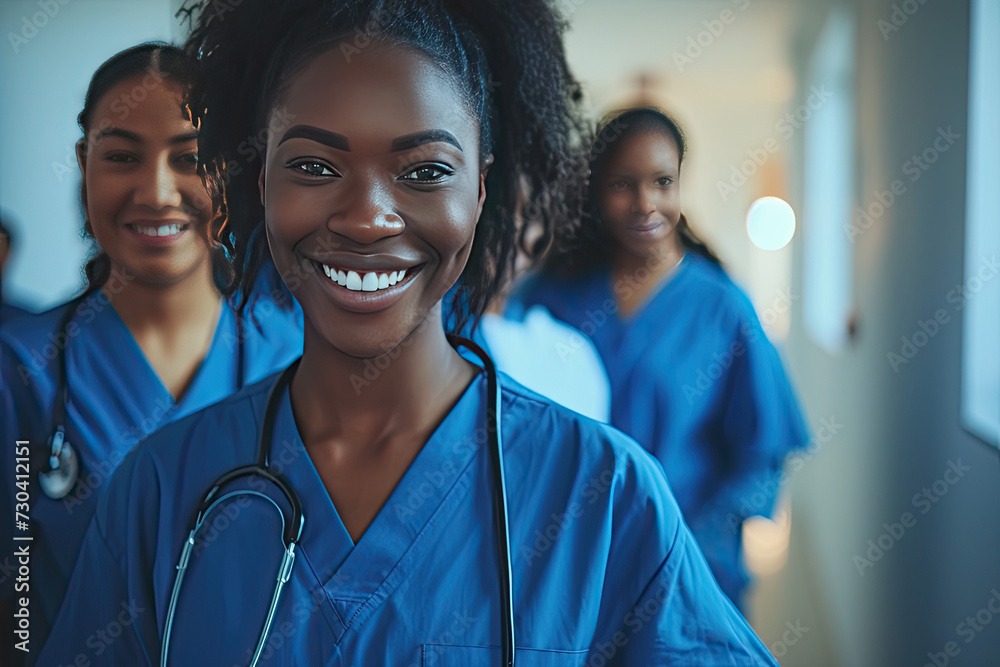 A young female doctor and nurse stands smiling in a hospital corridor, with a diverse group of staff visible in the background A young female doctor and nurse stands smiling in a hospital corridor, with a diverse group of staff visible in the background