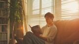 Calm asian man reading book in cozy bright living room with sunlight through blinds on windows .