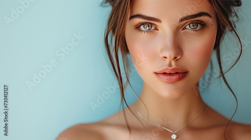 beauty, people and jewelry concept - beautiful young woman wearing shiny diamond pendant 
