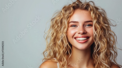 Blonde woman with curly beautiful hair smiling on gray background.