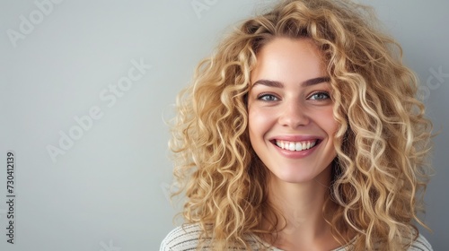 Blonde woman with curly beautiful hair smiling on gray background.