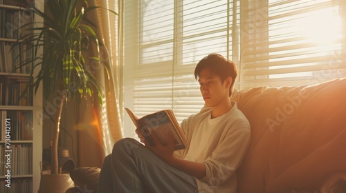 Calm asian man reading book in cozy bright living room with sunlight through blinds on windows .