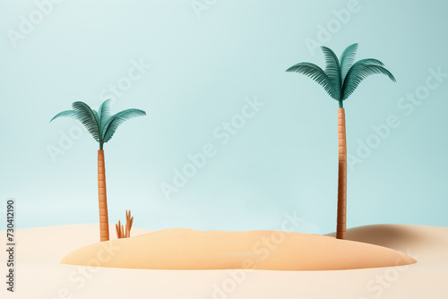 Beach insider product display scene, sand, toy palms, beach chairs and umbrella